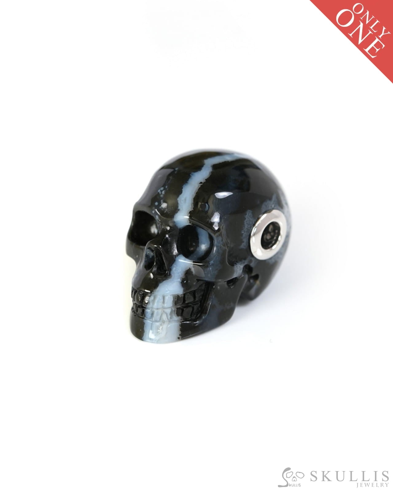 Skullis Signature Black Zebra Agate Gem Skull Pendant or Necklace Hand Carved Sterling Silver 925 Chain for Women & Men