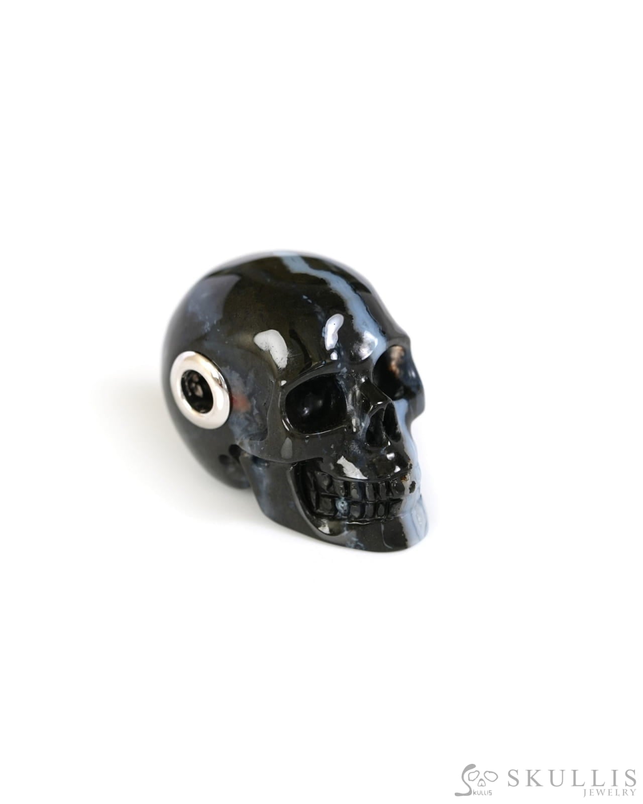 Skullis Signature Black Zebra Agate Gem Skull Pendant or Necklace Hand Carved Sterling Silver 925 Chain for Women & Men