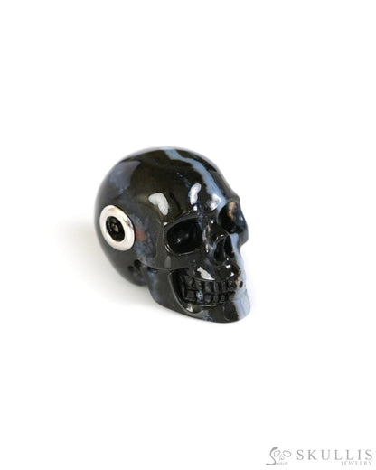 Skullis Signature Black Zebra Agate Gem Skull Pendant or Necklace Hand Carved Sterling Silver 925 Chain for Women & Men