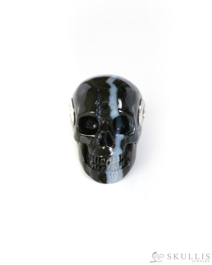 Skullis Signature Black Zebra Agate Gem Skull Pendant or Necklace Hand Carved Sterling Silver 925 Chain for Women & Men