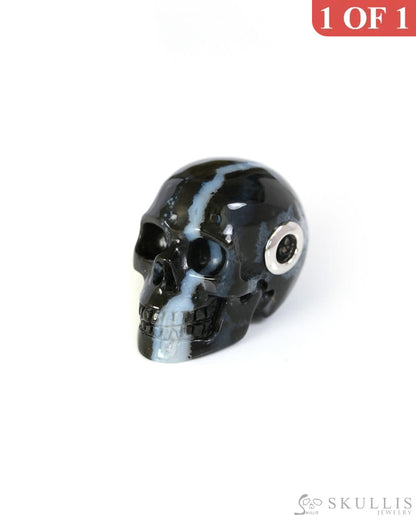 Skullis Signature Black Zebra Agate Gem Skull Pendant or Necklace Hand Carved Sterling Silver 925 Chain for Women & Men