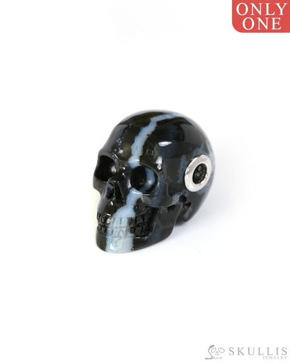 Skullis Signature Black Zebra Agate Gem Skull Pendant or Necklace Hand Carved Sterling Silver 925 Chain for Women & Men