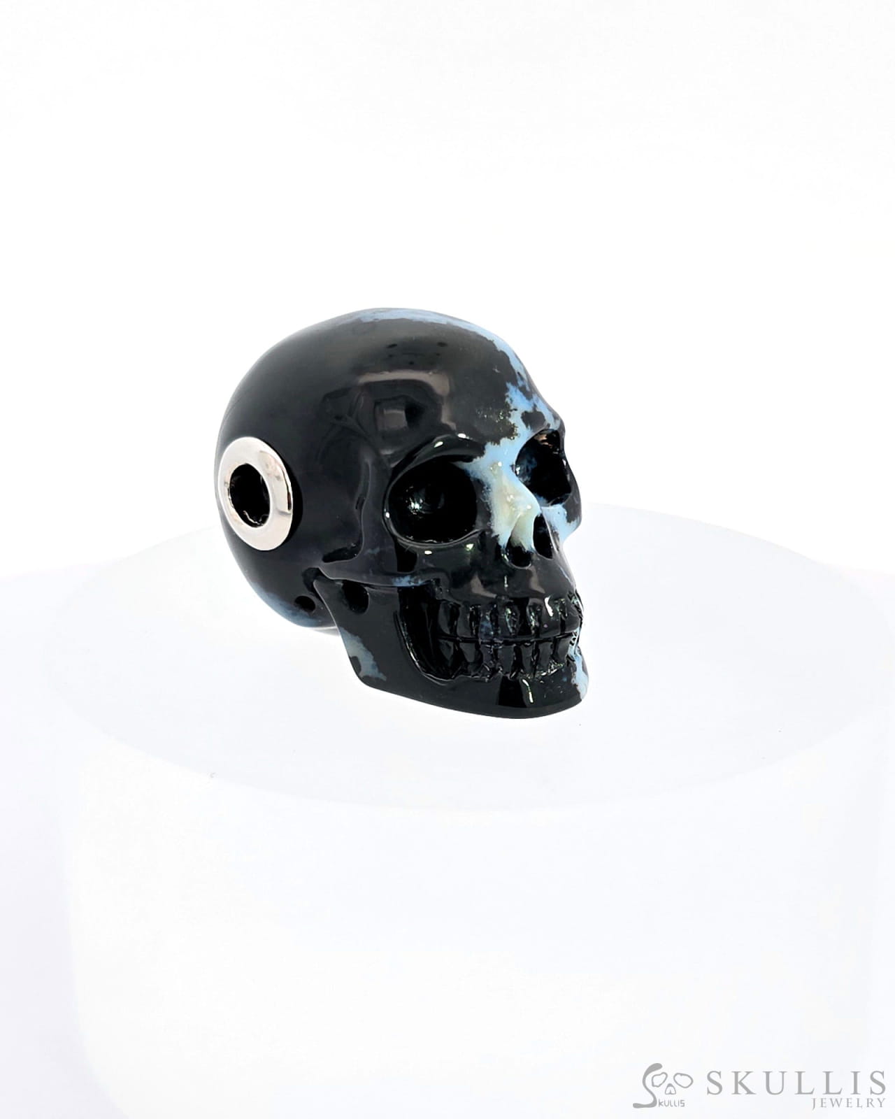 Rare Skullis Signature Black Zebra Agate Gem Skull Pendant Or Necklace Hand Carved Sterling