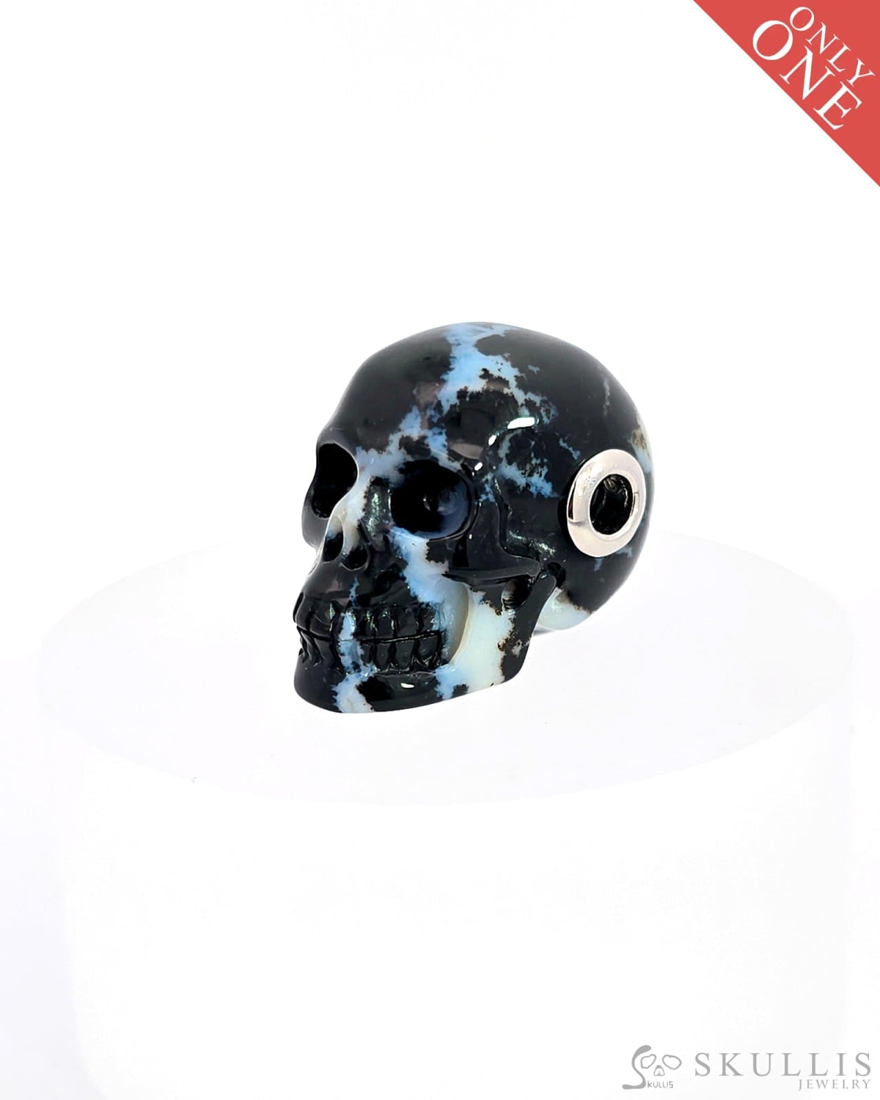 Rare Skullis Signature Black Zebra Agate Gem Skull Pendant Or Necklace Hand Carved Sterling