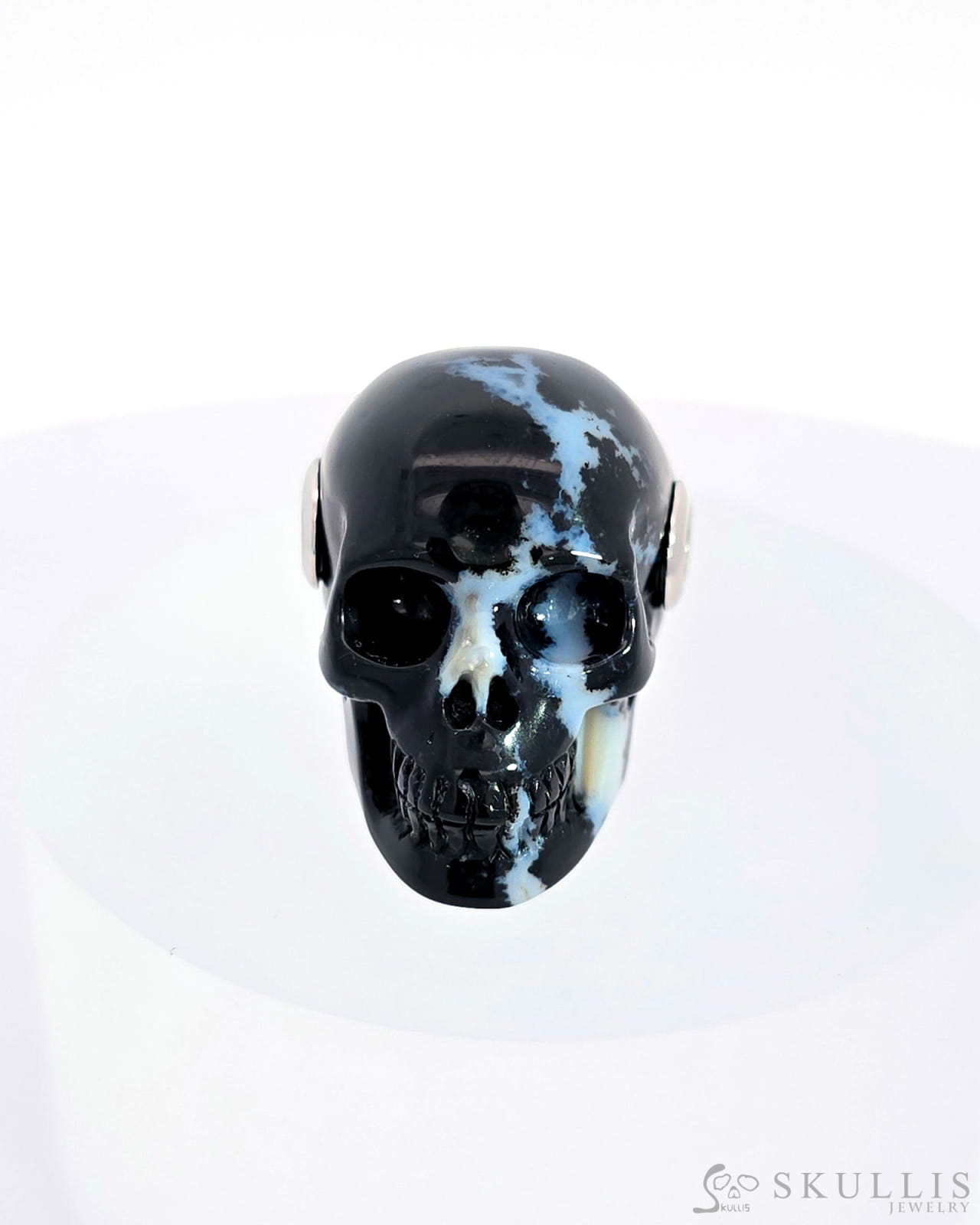 Rare Skullis Signature Black Zebra Agate Gem Skull Pendant Or Necklace Hand Carved Sterling