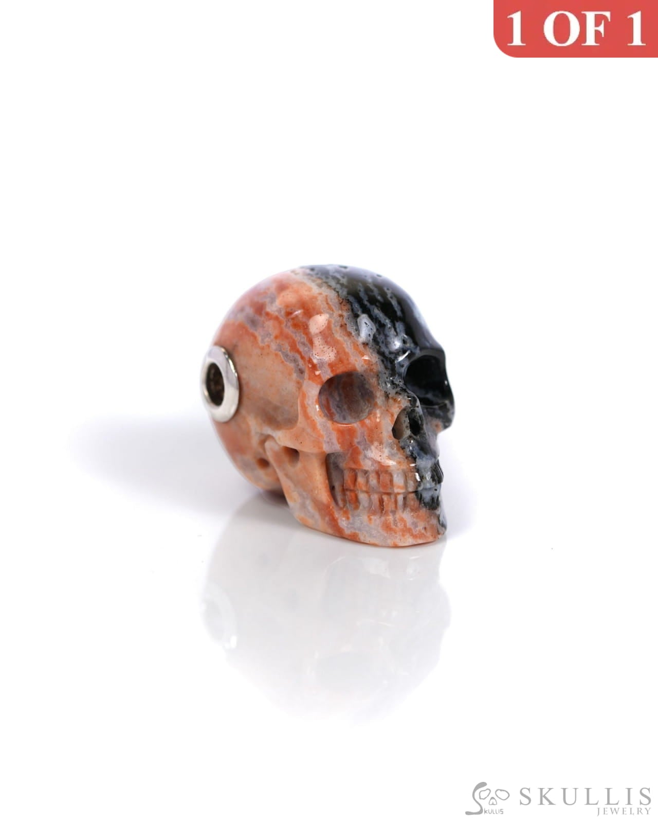 Skullis Signature Black Zebra Agate Gem Skull Pendant or Necklace Hand Carved Sterling Silver 925 Chain for Women & Men
