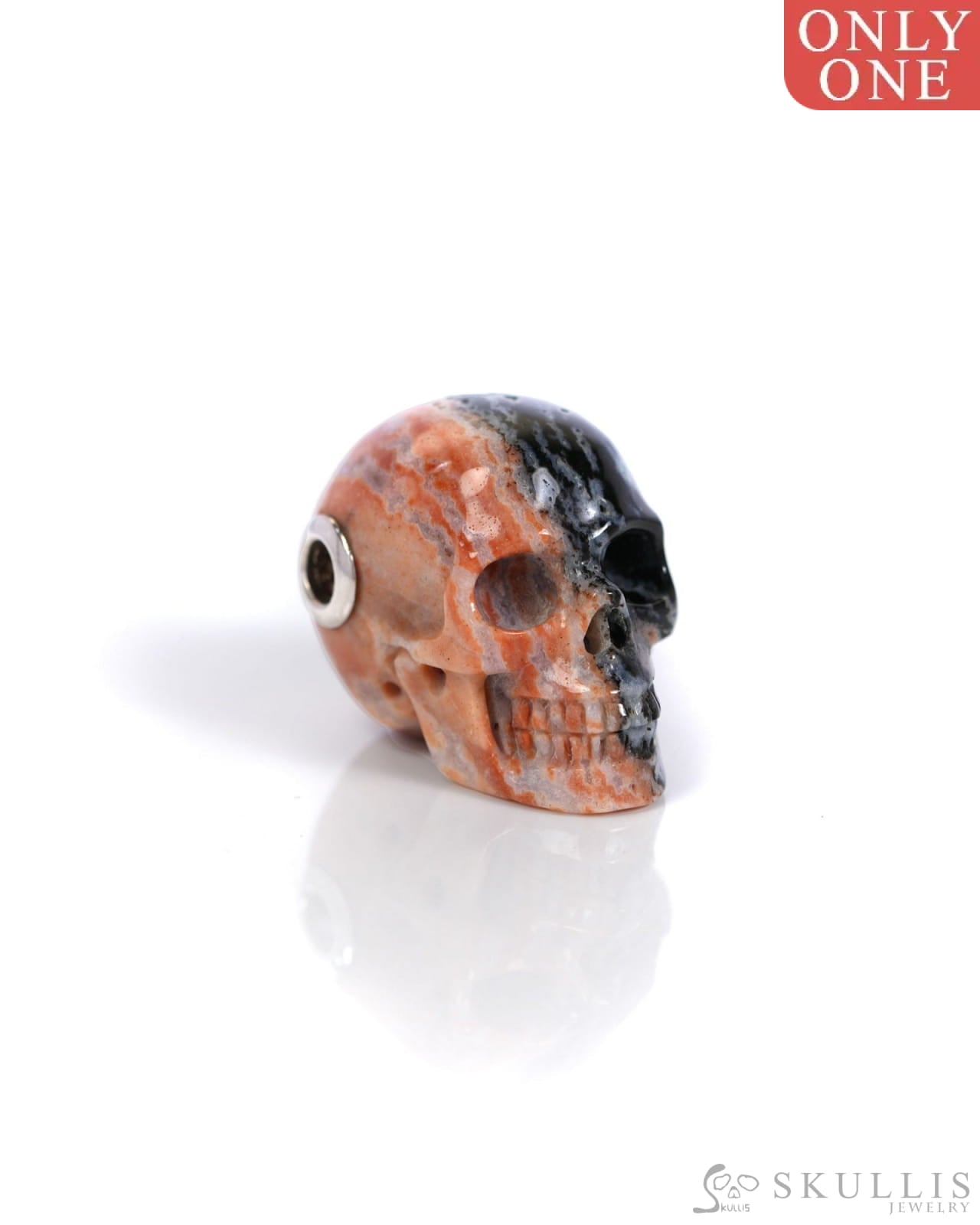 Skullis Signature Black Zebra Agate Gem Skull Pendant or Necklace Hand Carved Sterling Silver 925 Chain for Women & Men