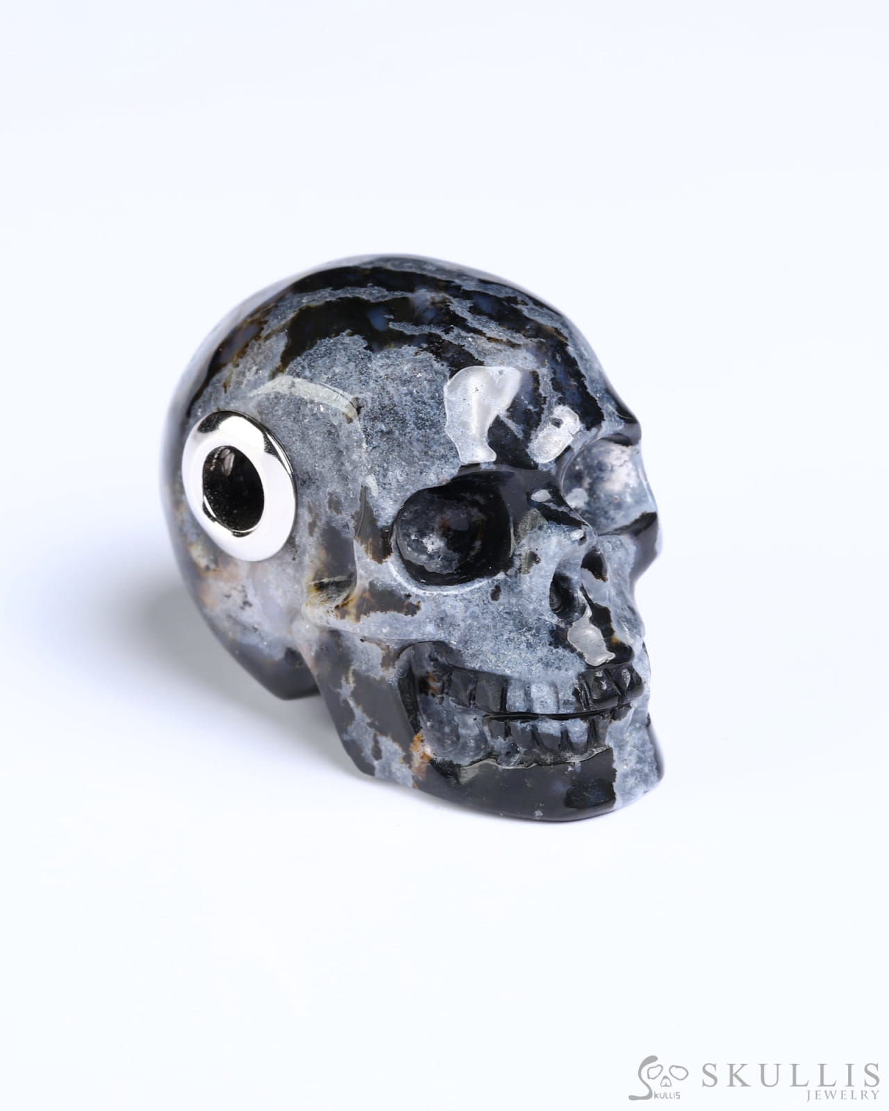 Skullis Signature Black Zebra Agate Gem Skull Pendant or Necklace Hand Carved for Women & Men - ZR19800576 Skull