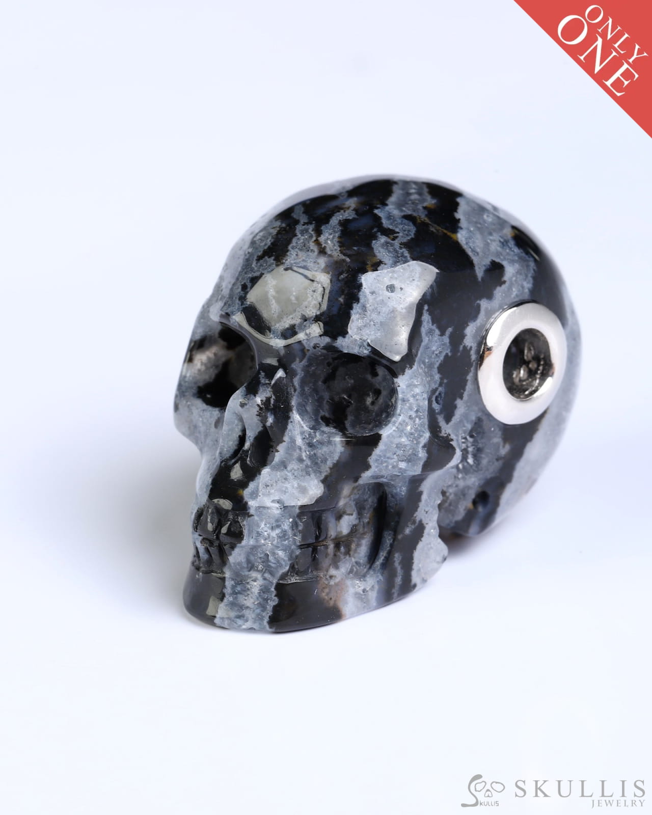 Skullis Signature Black Zebra Agate Gem Skull Pendant or Necklace Hand Carved for Women & Men - ZR19800576 Skull