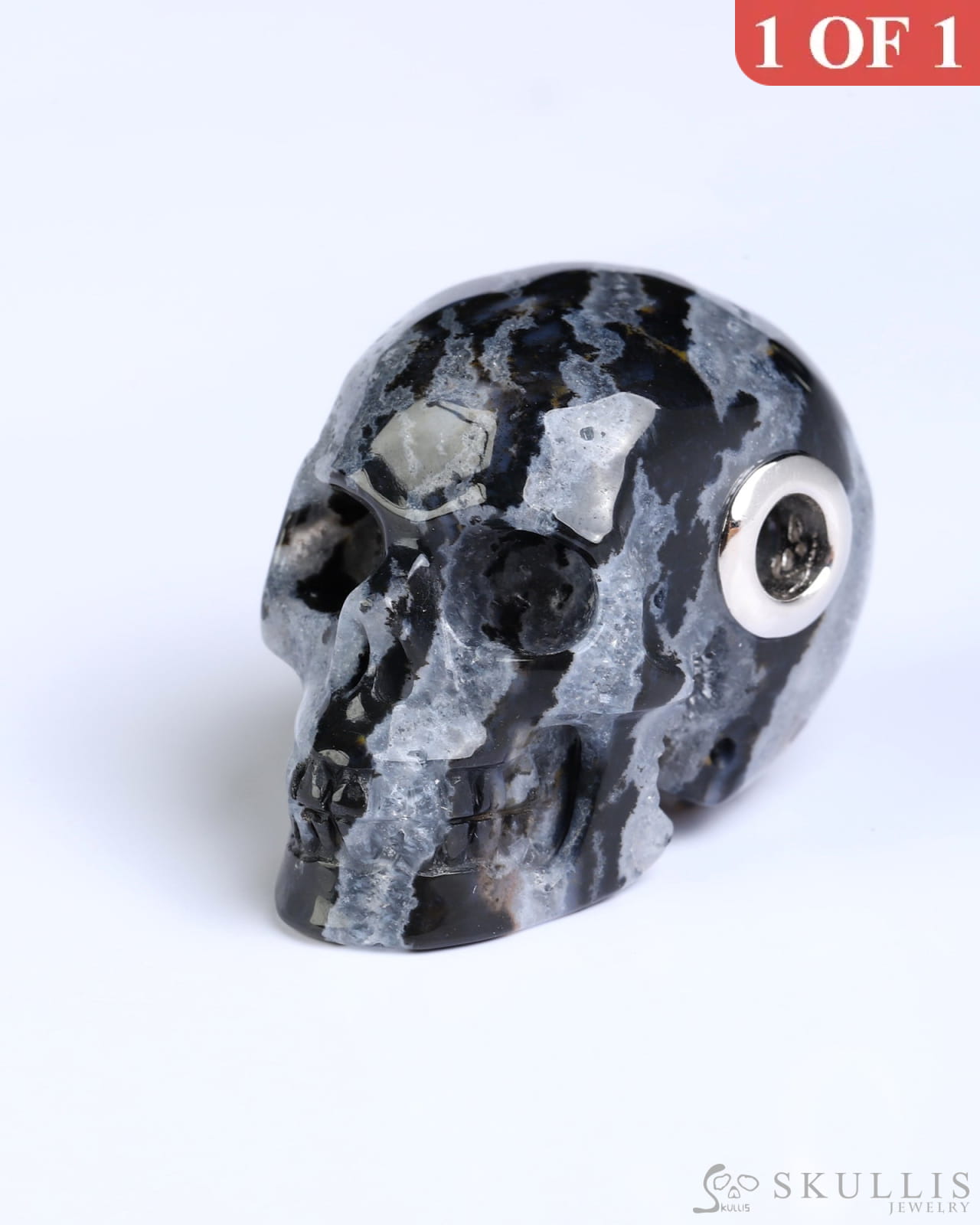 Skullis Signature Black Zebra Agate Gem Skull Pendant or Necklace Hand Carved for Women & Men - ZR19800576 Skull
