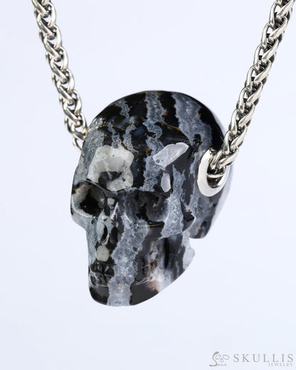 Skullis Signature Black Zebra Agate Gem Skull Pendant or Necklace Hand Carved for Women & Men - ZR19800576 Skull