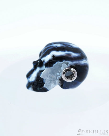 Gem Skull Pendant Necklace Of Black Zebra Agate Crystal Carved Skull With Detachable Silver