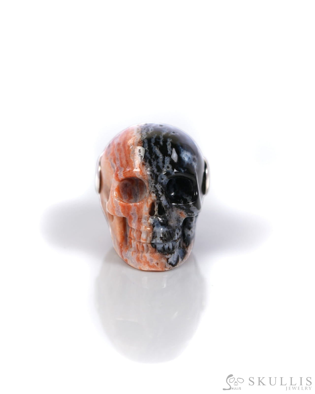 Skullis Signature Black Zebra Agate Gem Skull Pendant or Necklace Hand Carved Sterling Silver 925 Chain for Women & Men