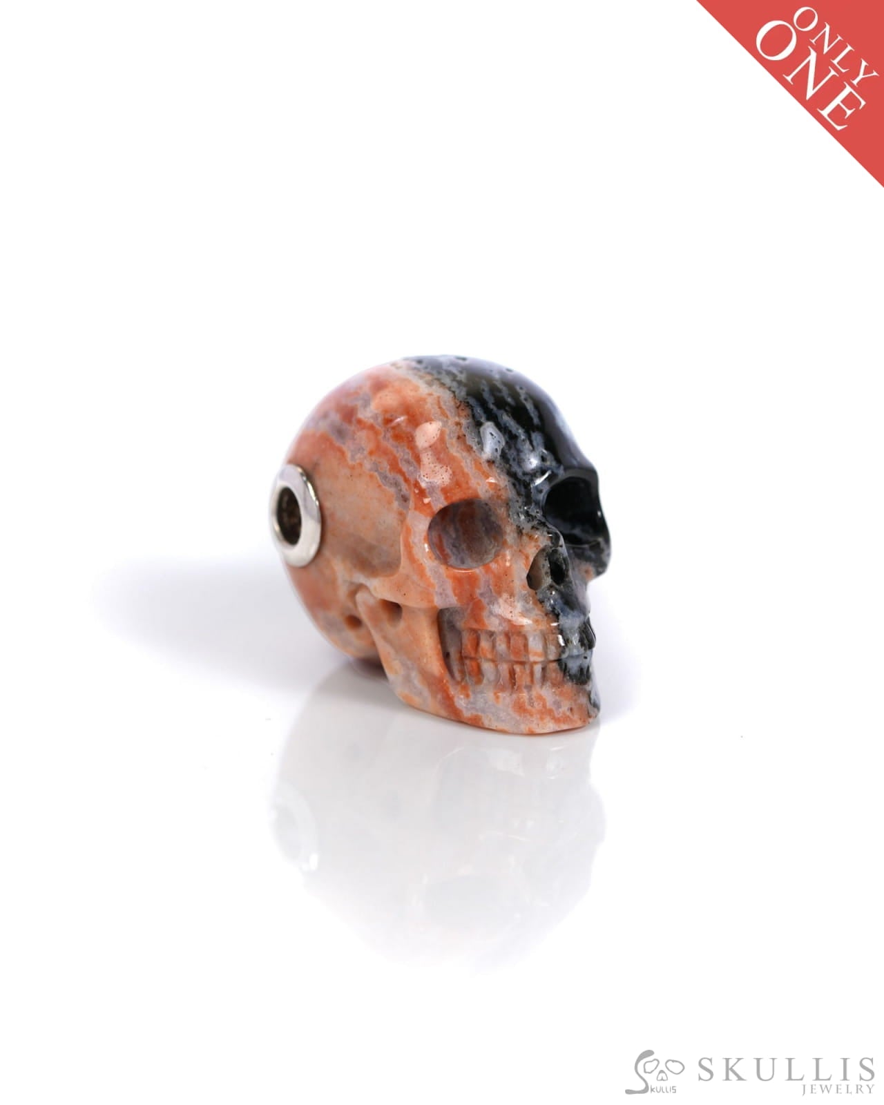 Skullis Signature Black Zebra Agate Gem Skull Pendant or Necklace Hand Carved Sterling Silver 925 Chain for Women & Men