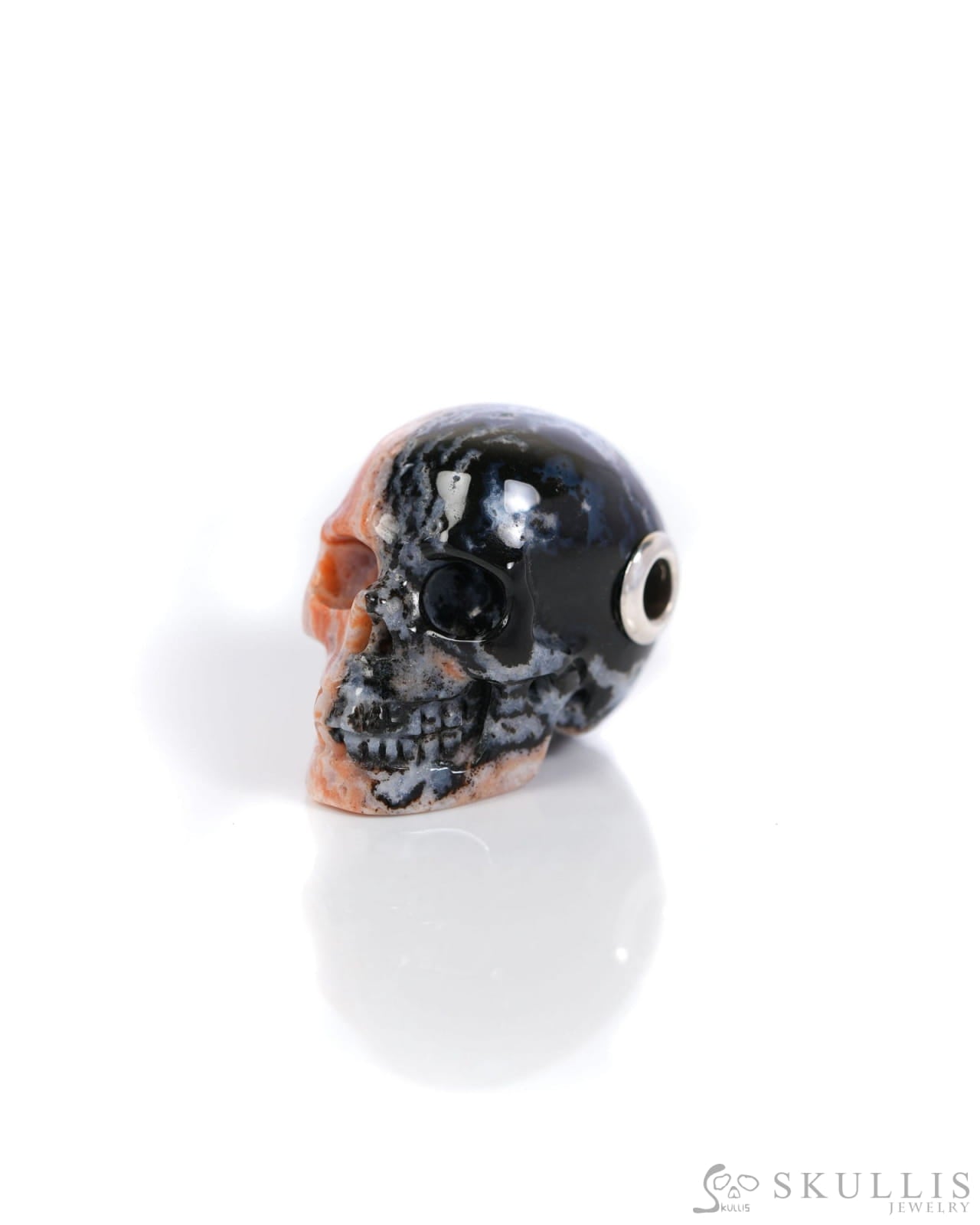 Skullis Signature Black Zebra Agate Gem Skull Pendant or Necklace Hand Carved Sterling Silver 925 Chain for Women & Men