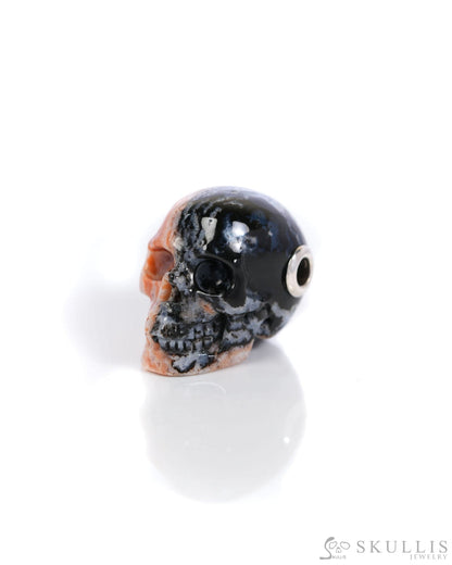 Skullis Signature Black Zebra Agate Gem Skull Pendant or Necklace Hand Carved Sterling Silver 925 Chain for Women & Men