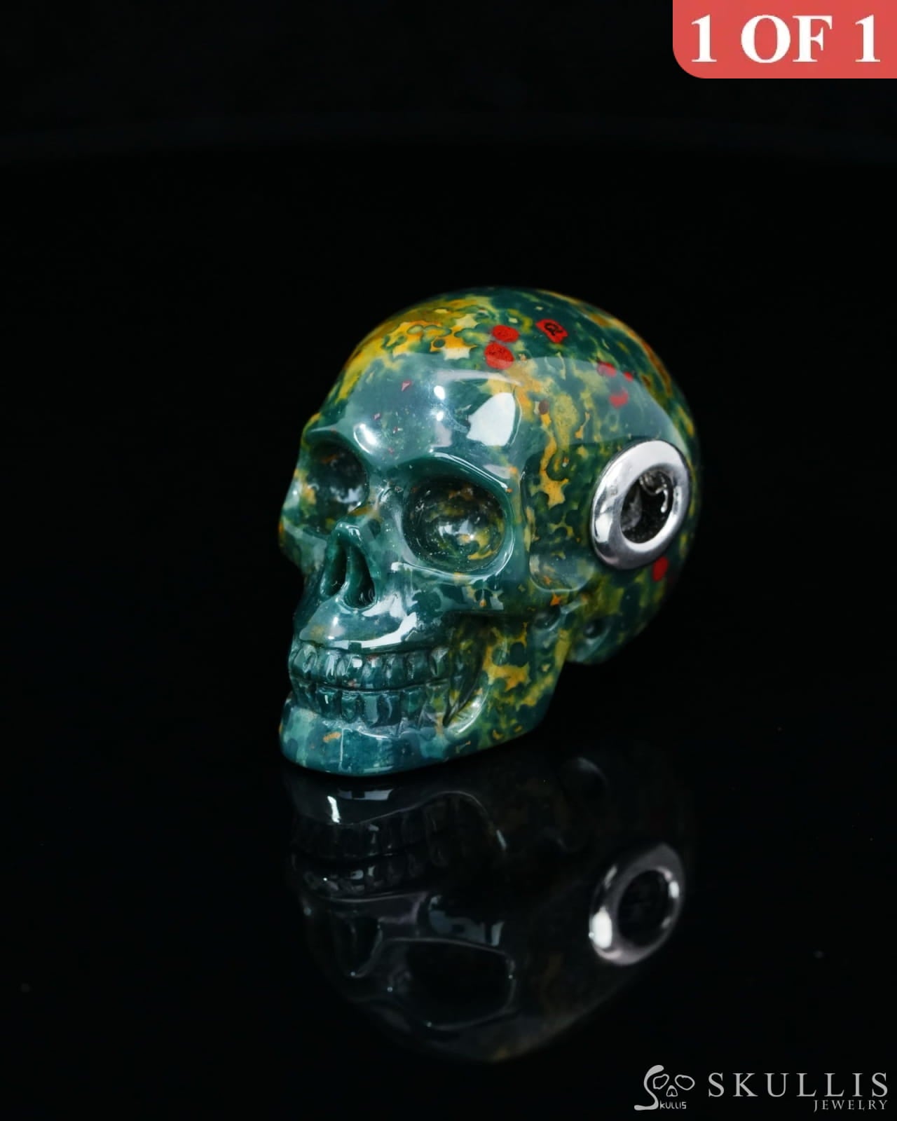 Skullis Signature Bloodstone Gem Skull Pendant or Necklace Hand Carved Sterling Silver 925 Chain for Women & Men