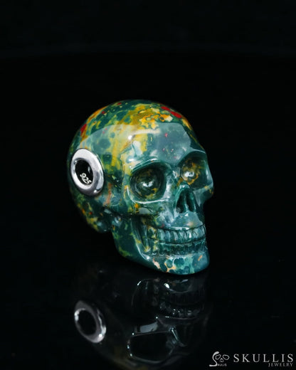 Skullis Signature Bloodstone Gem Skull Pendant or Necklace Hand Carved Sterling Silver 925 Chain for Women & Men