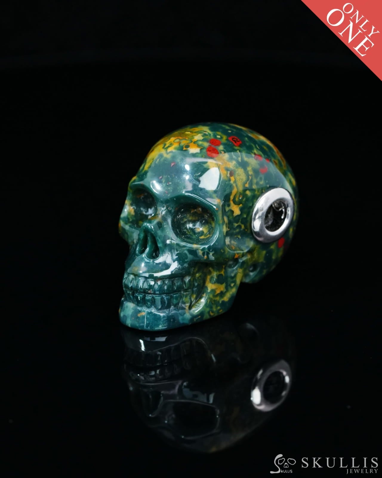 Skullis Signature Bloodstone Gem Skull Pendant or Necklace Hand Carved Sterling Silver 925 Chain for Women & Men