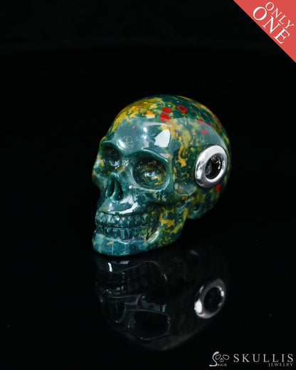 Skullis Signature Bloodstone Gem Skull Pendant or Necklace Hand Carved Sterling Silver 925 Chain for Women & Men
