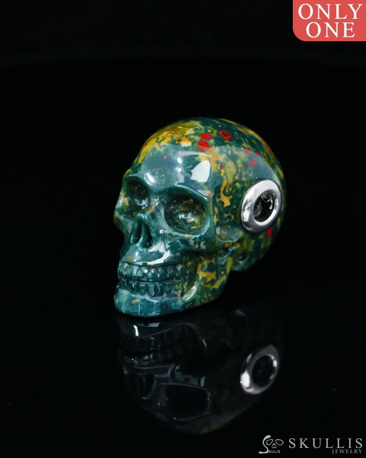 Skullis Signature Bloodstone Gem Skull Pendant or Necklace Hand Carved Sterling Silver 925 Chain for Women & Men