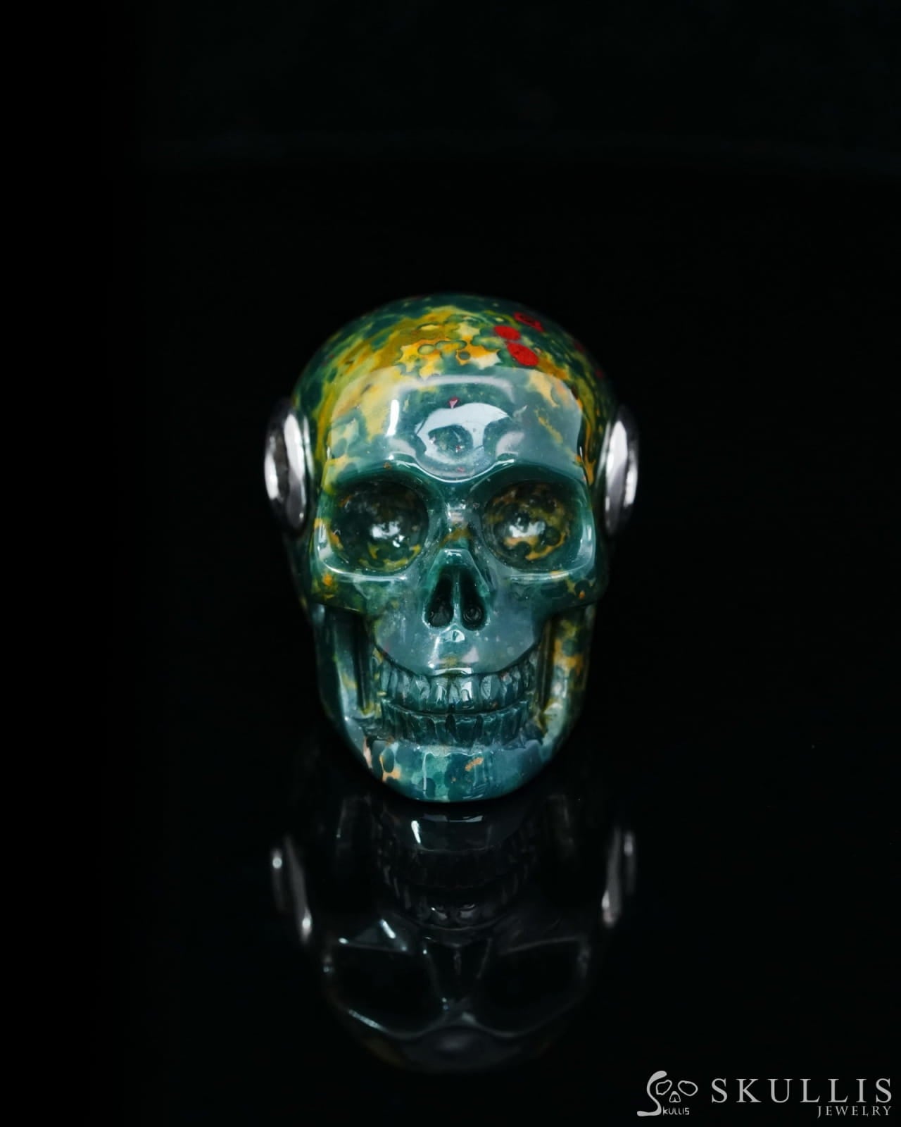 Skullis Signature Bloodstone Gem Skull Pendant or Necklace Hand Carved Sterling Silver 925 Chain for Women & Men