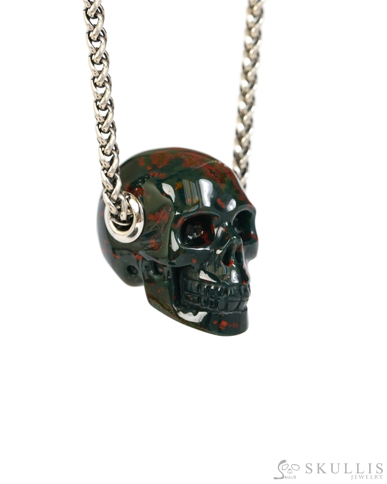 Skullis Signature Bloodstone Gem Skull Pendant or Necklace Hand Carved Sterling Silver 925 Chain for Women & Men