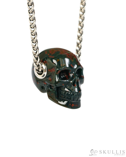 Skullis Signature Bloodstone Gem Skull Pendant or Necklace Hand Carved Sterling Silver 925 Chain for Women & Men