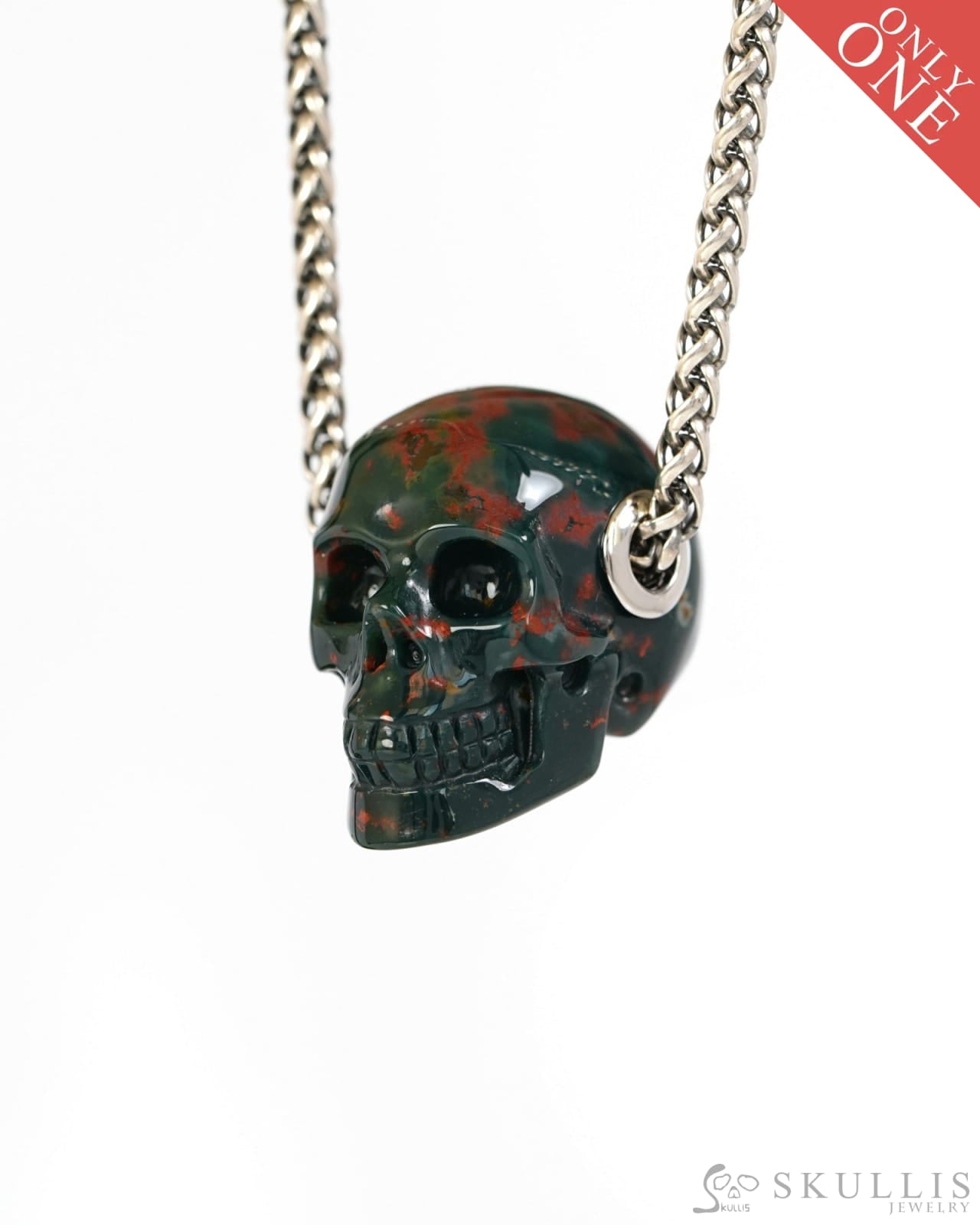 Skullis Signature Bloodstone Gem Skull Pendant or Necklace Hand Carved Sterling Silver 925 Chain for Women & Men