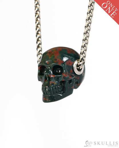 Skullis Signature Bloodstone Gem Skull Pendant or Necklace Hand Carved Sterling Silver 925 Chain for Women & Men