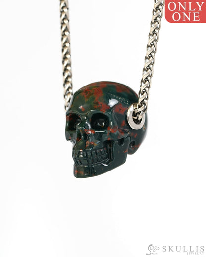 Skullis Signature Bloodstone Gem Skull Pendant or Necklace Hand Carved Sterling Silver 925 Chain for Women & Men