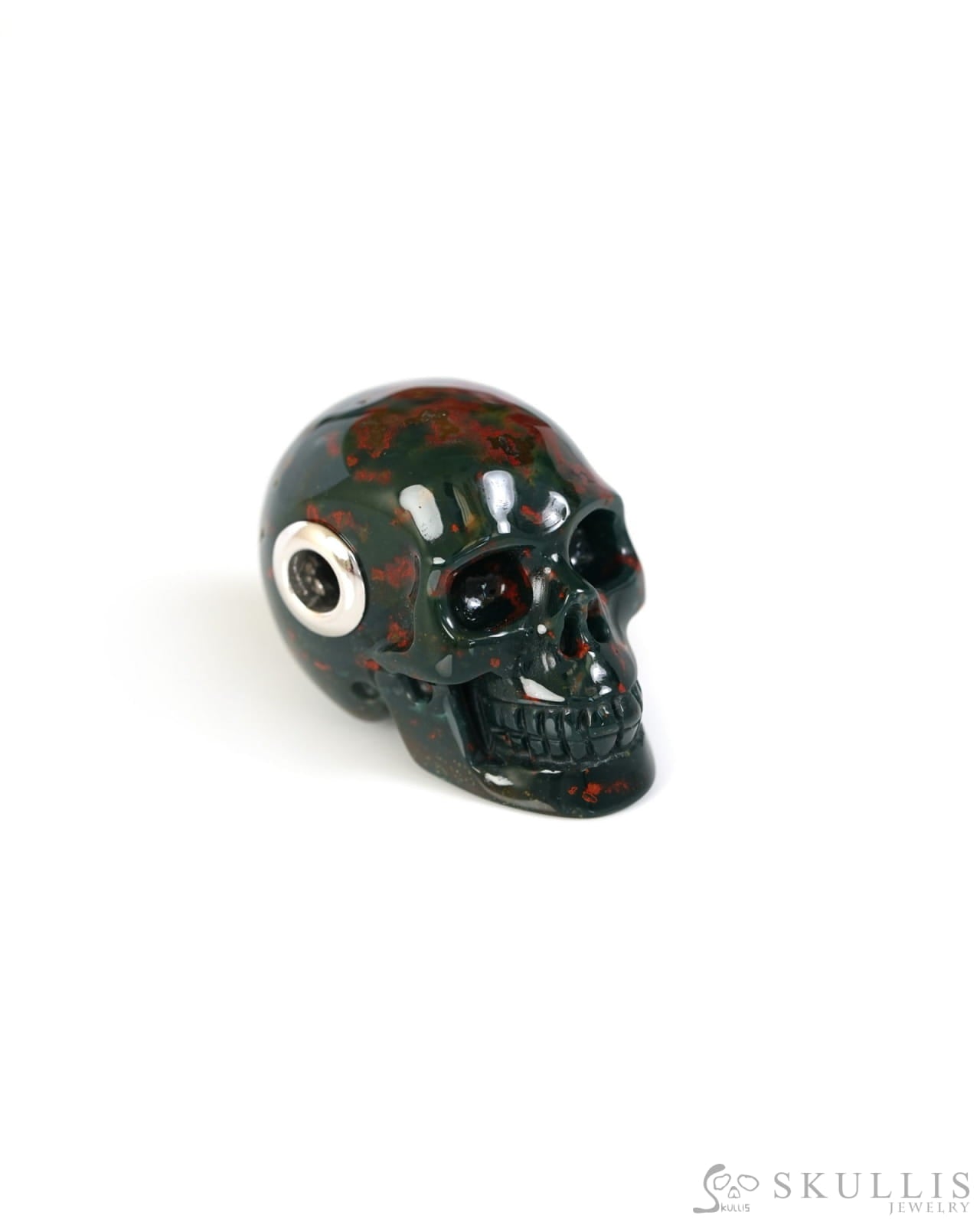 Skullis Signature Bloodstone Gem Skull Pendant or Necklace Hand Carved Sterling Silver 925 Chain for Women & Men