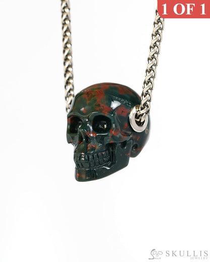 Skullis Signature Bloodstone Gem Skull Pendant or Necklace Hand Carved Sterling Silver 925 Chain for Women & Men