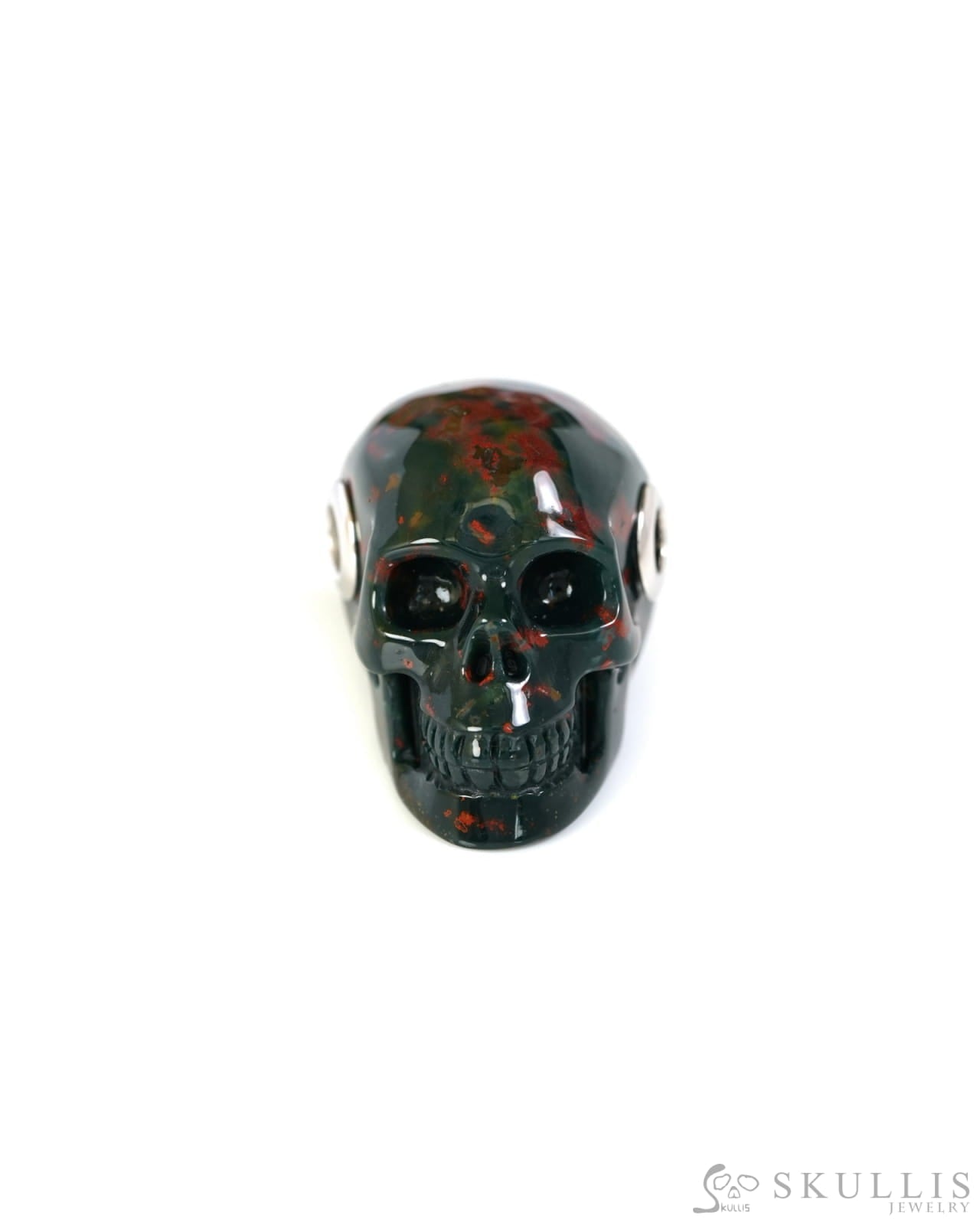Skullis Signature Bloodstone Gem Skull Pendant or Necklace Hand Carved Sterling Silver 925 Chain for Women & Men