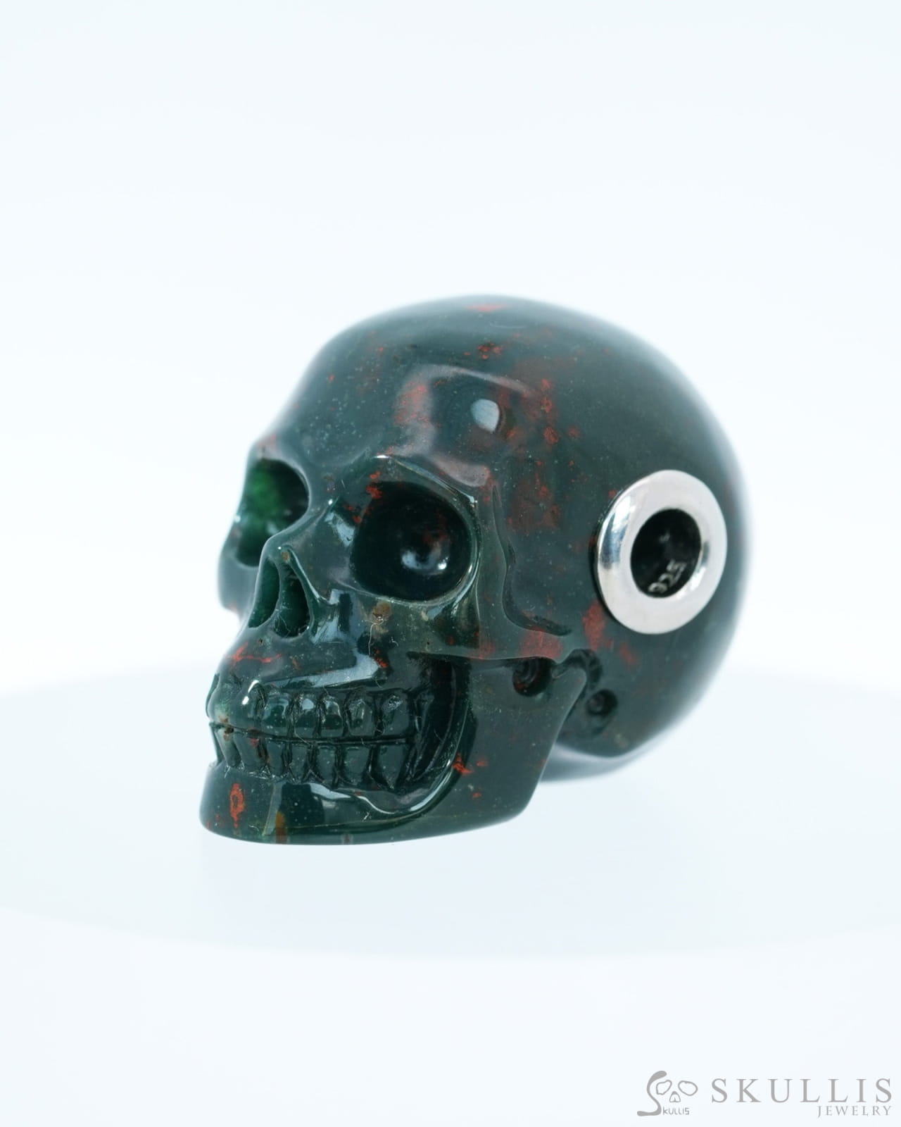 Skullis Signature Bloodstone Gem Skull Pendant or Necklace Hand Carved Sterling Silver 925 Chain for Women & Men