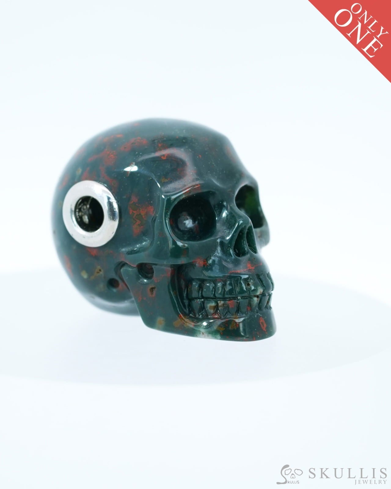 Skullis Signature Bloodstone Gem Skull Pendant or Necklace Hand Carved Sterling Silver 925 Chain for Women & Men