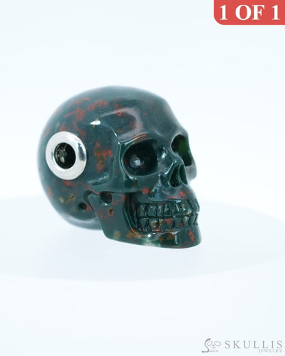 Skullis Signature Bloodstone Gem Skull Pendant or Necklace Hand Carved Sterling Silver 925 Chain for Women & Men