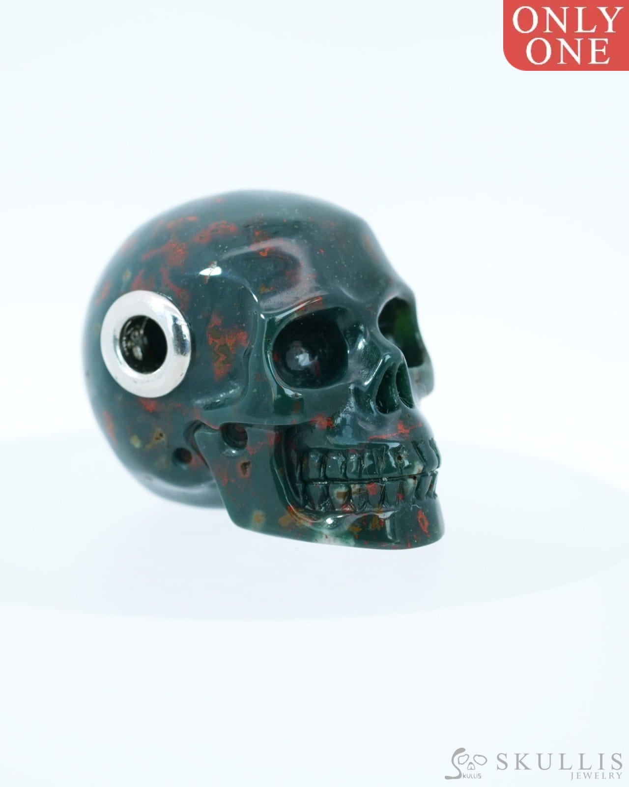 Skullis Signature Bloodstone Gem Skull Pendant or Necklace Hand Carved Sterling Silver 925 Chain for Women & Men
