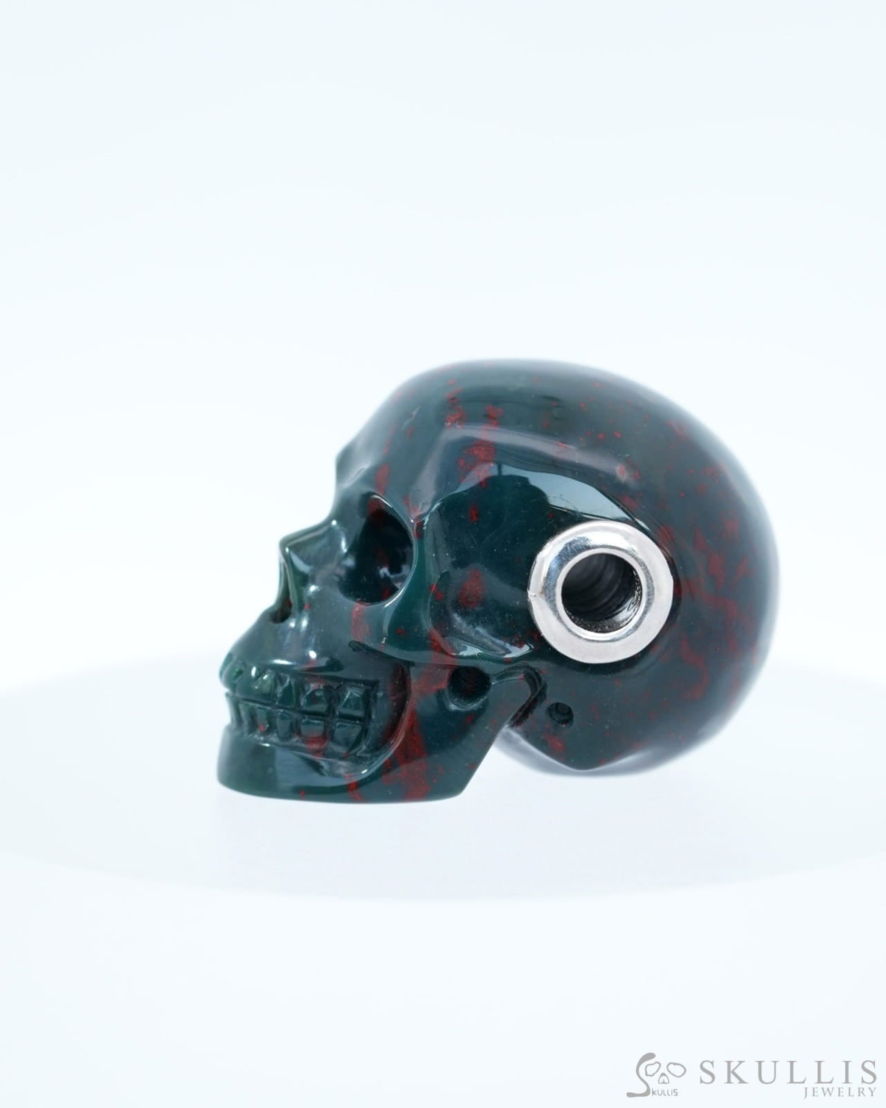 Skullis Signature Bloodstone Gem Skull Pendant or Necklace Hand Carved Sterling Silver 925 Chain for Women & Men