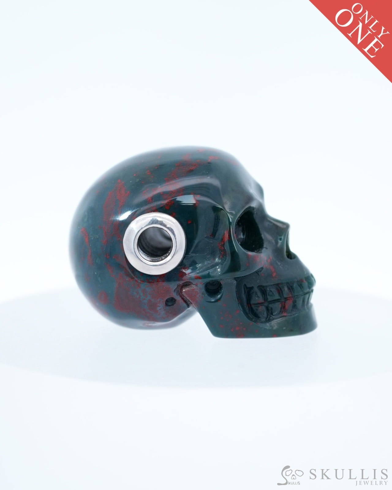 Skullis Signature Bloodstone Gem Skull Pendant or Necklace Hand Carved Sterling Silver 925 Chain for Women & Men