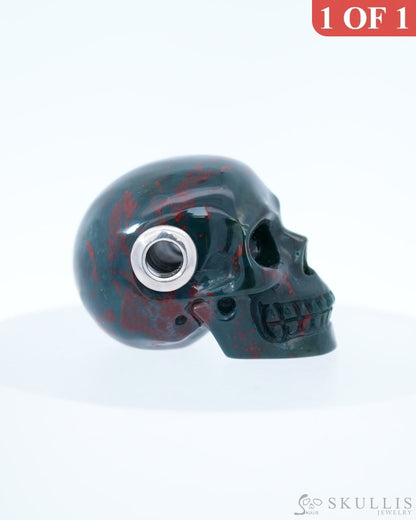 Skullis Signature Bloodstone Gem Skull Pendant or Necklace Hand Carved Sterling Silver 925 Chain for Women & Men