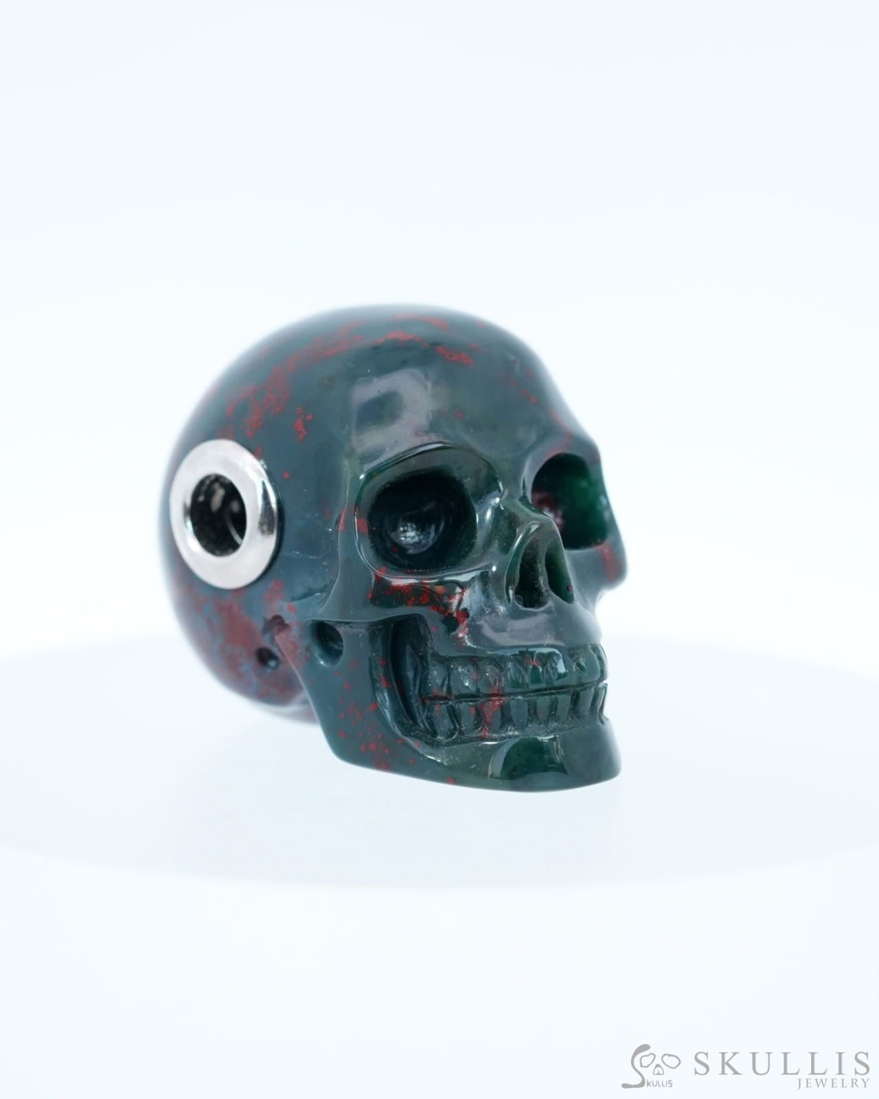 Skullis Signature Bloodstone Gem Skull Pendant or Necklace Hand Carved Sterling Silver 925 Chain for Women & Men