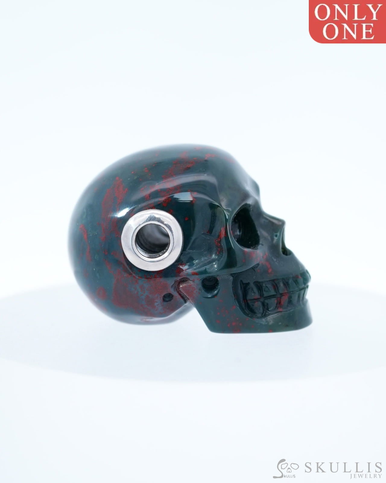 Skullis Signature Bloodstone Gem Skull Pendant or Necklace Hand Carved Sterling Silver 925 Chain for Women & Men
