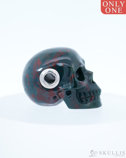 Skullis Signature Bloodstone Gem Skull Pendant or Necklace Hand Carved Sterling Silver 925 Chain for Women & Men