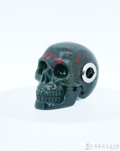 Skullis Signature Bloodstone Gem Skull Pendant or Necklace Hand Carved Sterling Silver 925 Chain for Women & Men