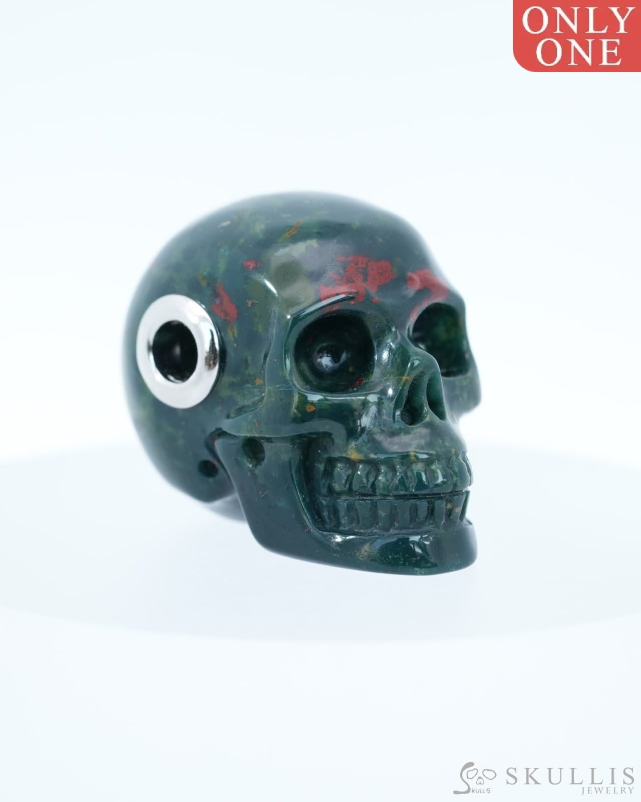 Skullis Signature Bloodstone Gem Skull Pendant or Necklace Hand Carved Sterling Silver 925 Chain for Women & Men