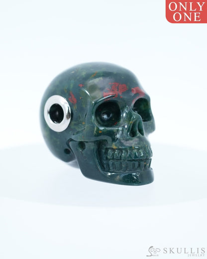 Skullis Signature Bloodstone Gem Skull Pendant or Necklace Hand Carved Sterling Silver 925 Chain for Women & Men