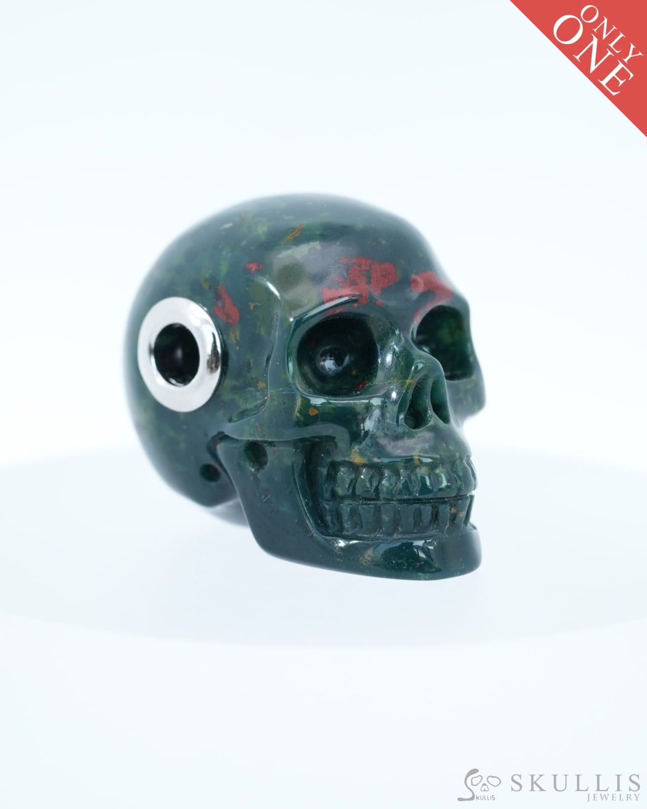 Skullis Signature Bloodstone Gem Skull Pendant or Necklace Hand Carved Sterling Silver 925 Chain for Women & Men