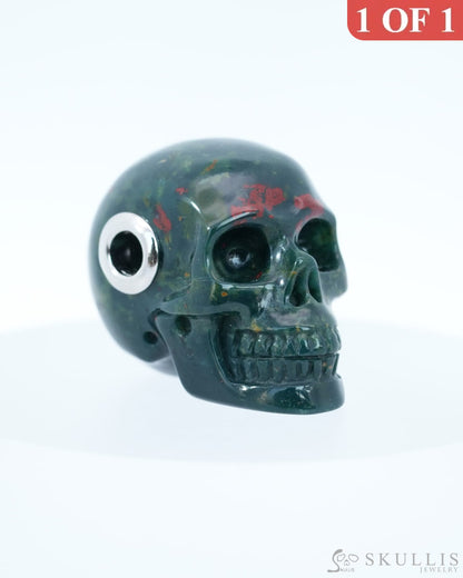 Skullis Signature Bloodstone Gem Skull Pendant or Necklace Hand Carved Sterling Silver 925 Chain for Women & Men
