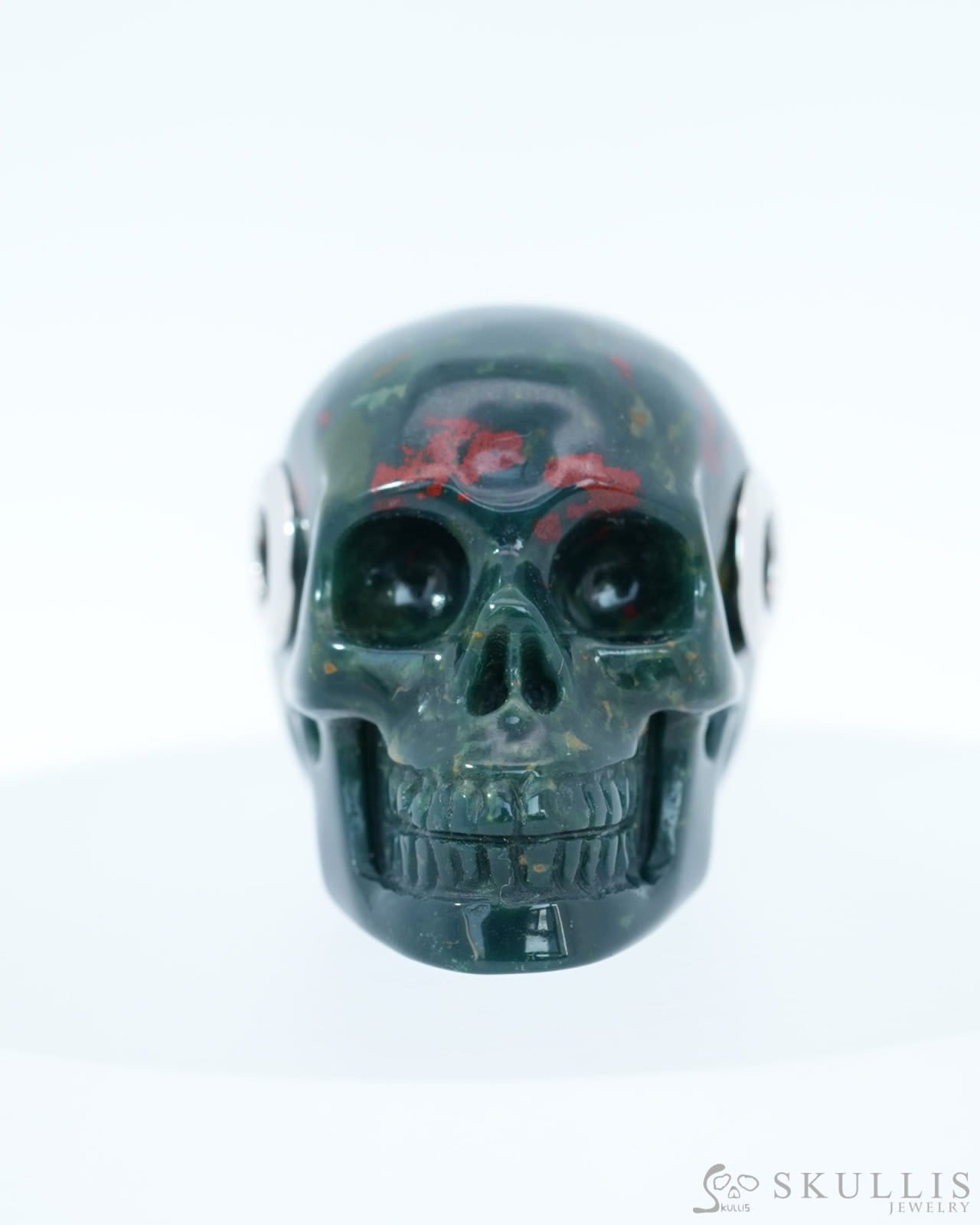 Skullis Signature Bloodstone Gem Skull Pendant or Necklace Hand Carved Sterling Silver 925 Chain for Women & Men